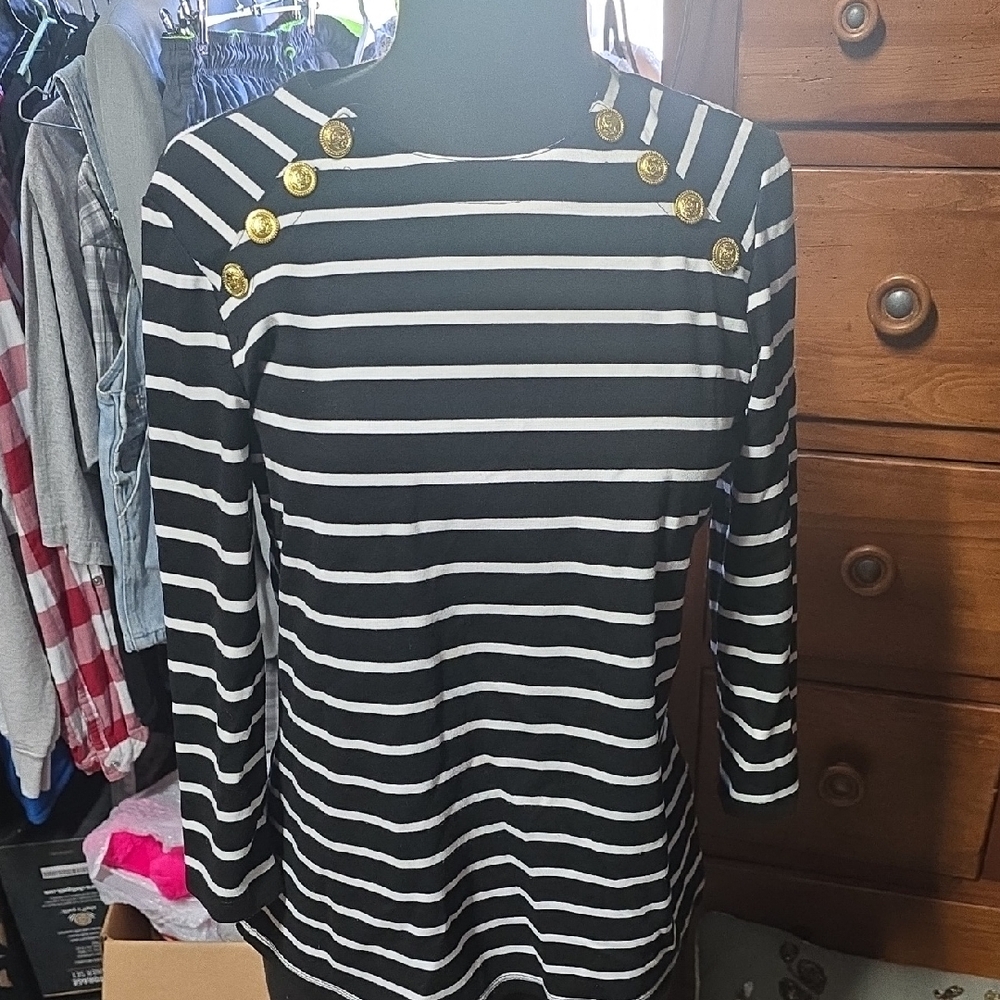 Melissa Paige Black and White Striped Blouse with Gold Accents